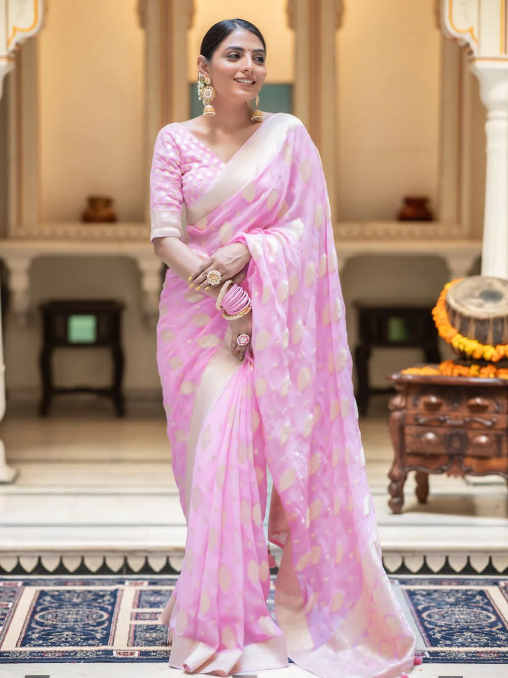 Exceptional Pink Soft Banarasi Silk Saree With Twirling Blouse Piece