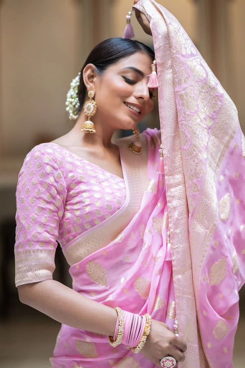 Load image into Gallery viewer, Exceptional Pink Soft Banarasi Silk Saree With Twirling Blouse Piece
