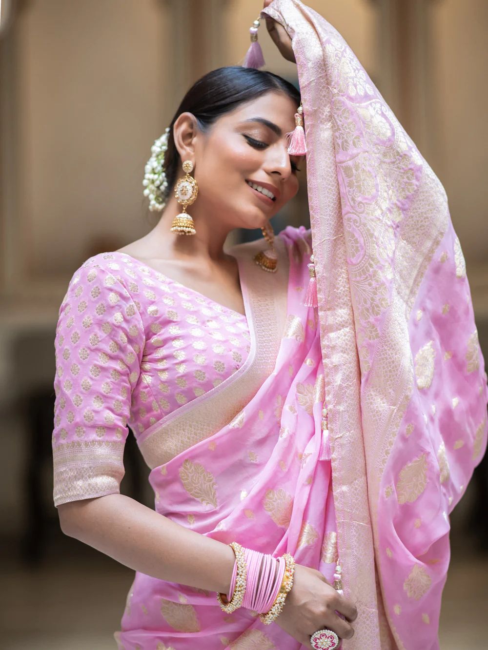 Exceptional Pink Soft Banarasi Silk Saree With Twirling Blouse Piece