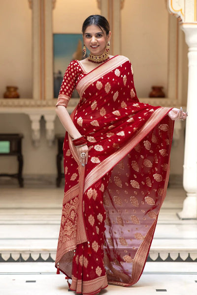Ideal Red Soft Banarasi Silk Saree With Dalliance Blouse Piece