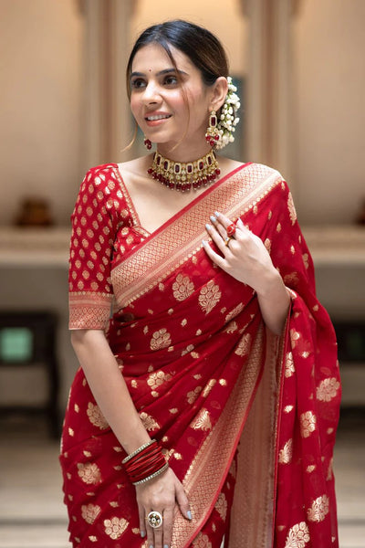 Ideal Red Soft Banarasi Silk Saree With Dalliance Blouse Piece