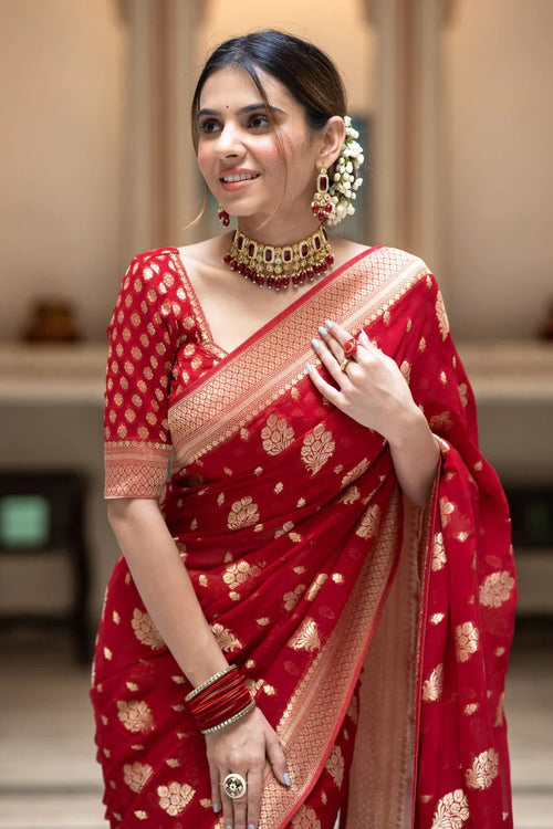 Load image into Gallery viewer, Ideal Red Soft Banarasi Silk Saree With Dalliance Blouse Piece
