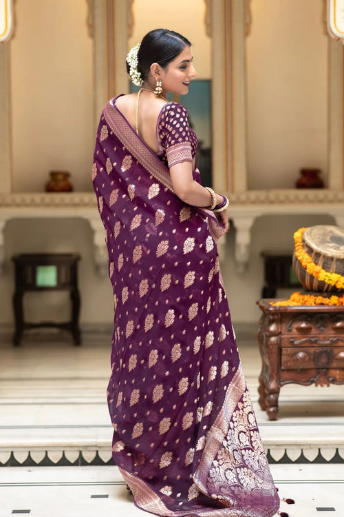 Load image into Gallery viewer, Lassitude Wine Soft Banarasi Silk Saree With Devastating Blouse Piece
