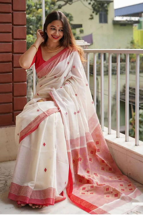 Load image into Gallery viewer, Desiring Off White Cotton Silk Saree With Capricious Blouse Piece
