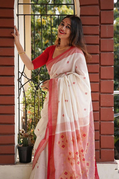 Load image into Gallery viewer, Desiring Off White Cotton Silk Saree With Capricious Blouse Piece
