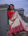 Elegant Off White Cotton Silk Saree With Demanding Blouse Piece