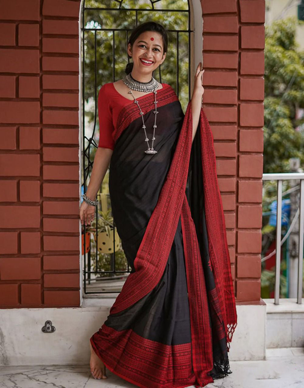 Marvellous Black Cotton Silk Saree With Demanding Blouse Piece