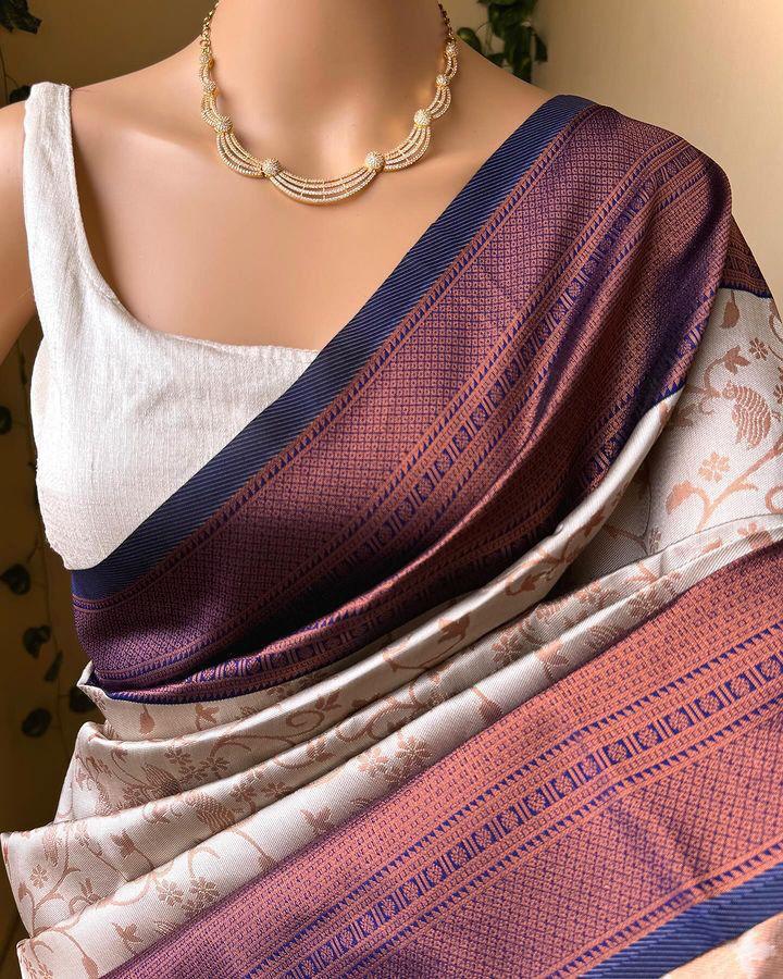 Breathtaking Grey Soft Silk Saree With Adoring Blouse Piece