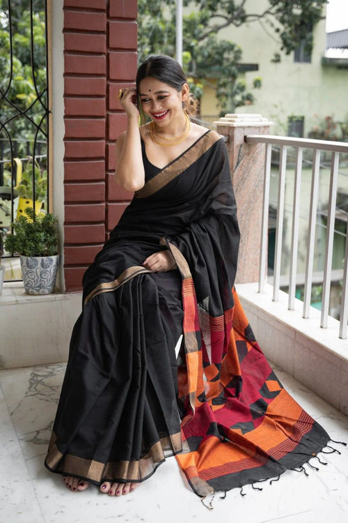 Load image into Gallery viewer, Fairytale Black Cotton Silk Saree With Mesmeric Blouse Piece
