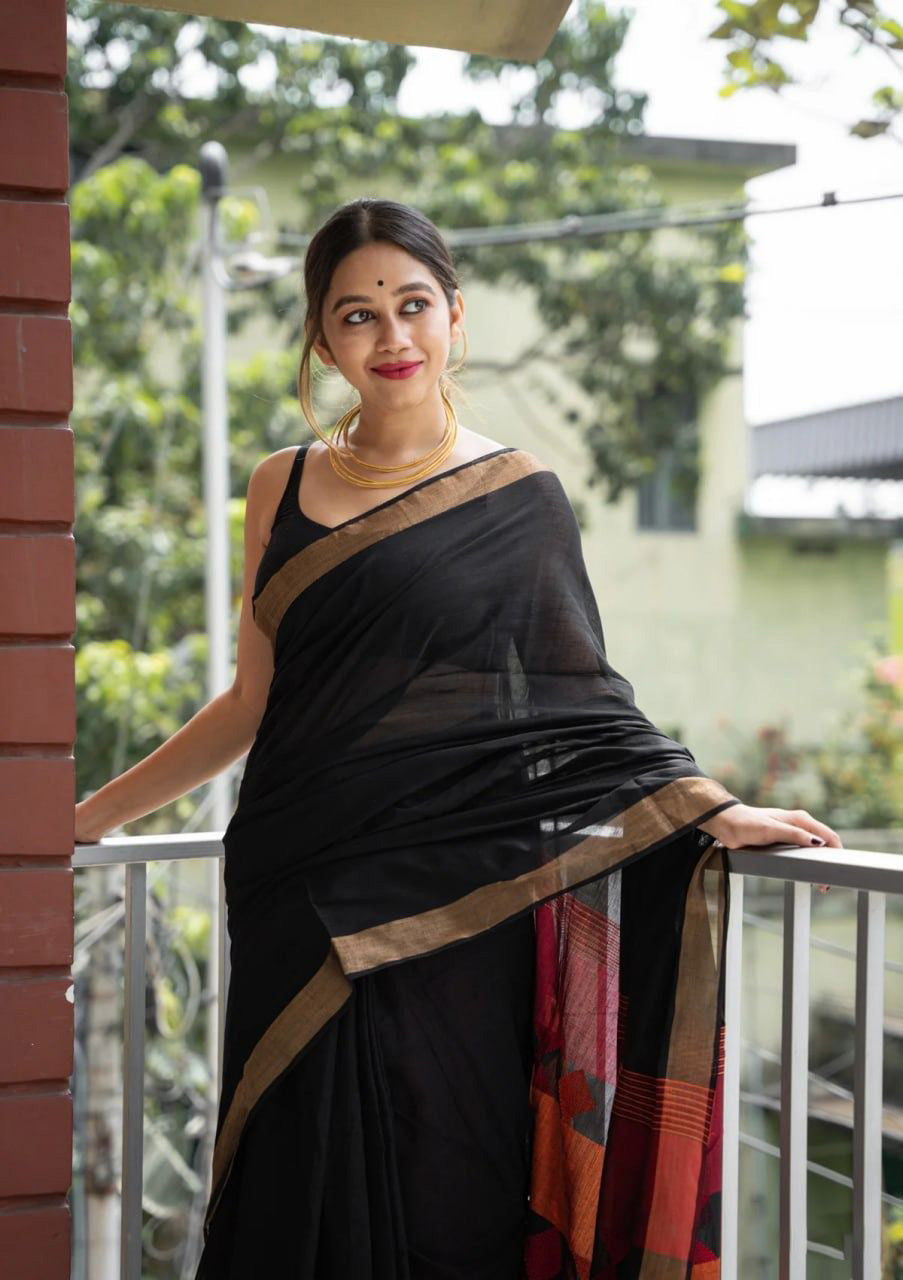 Fairytale Black Cotton Silk Saree With Mesmeric Blouse Piece