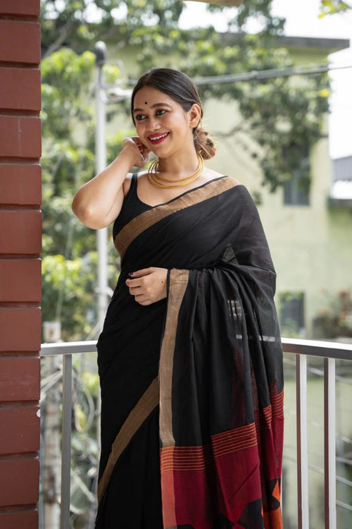 Load image into Gallery viewer, Fairytale Black Cotton Silk Saree With Mesmeric Blouse Piece
