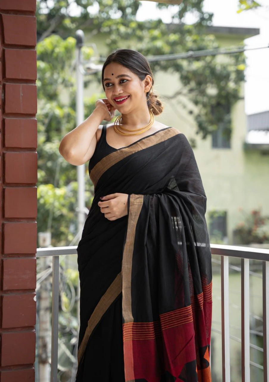 Fairytale Black Cotton Silk Saree With Mesmeric Blouse Piece