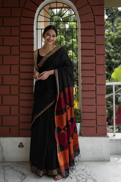 Load image into Gallery viewer, Fairytale Black Cotton Silk Saree With Mesmeric Blouse Piece
