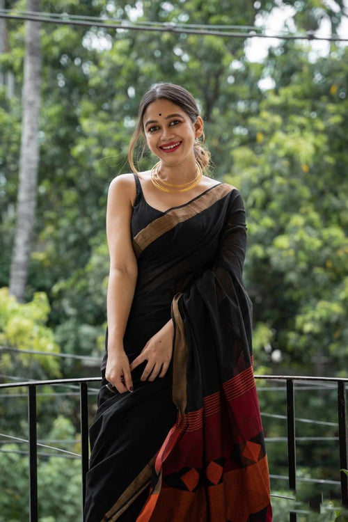 Load image into Gallery viewer, Fairytale Black Cotton Silk Saree With Mesmeric Blouse Piece
