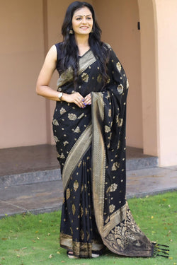 Trendy Black Soft Banarasi Silk Saree With Extraordinary Blouse Piece
