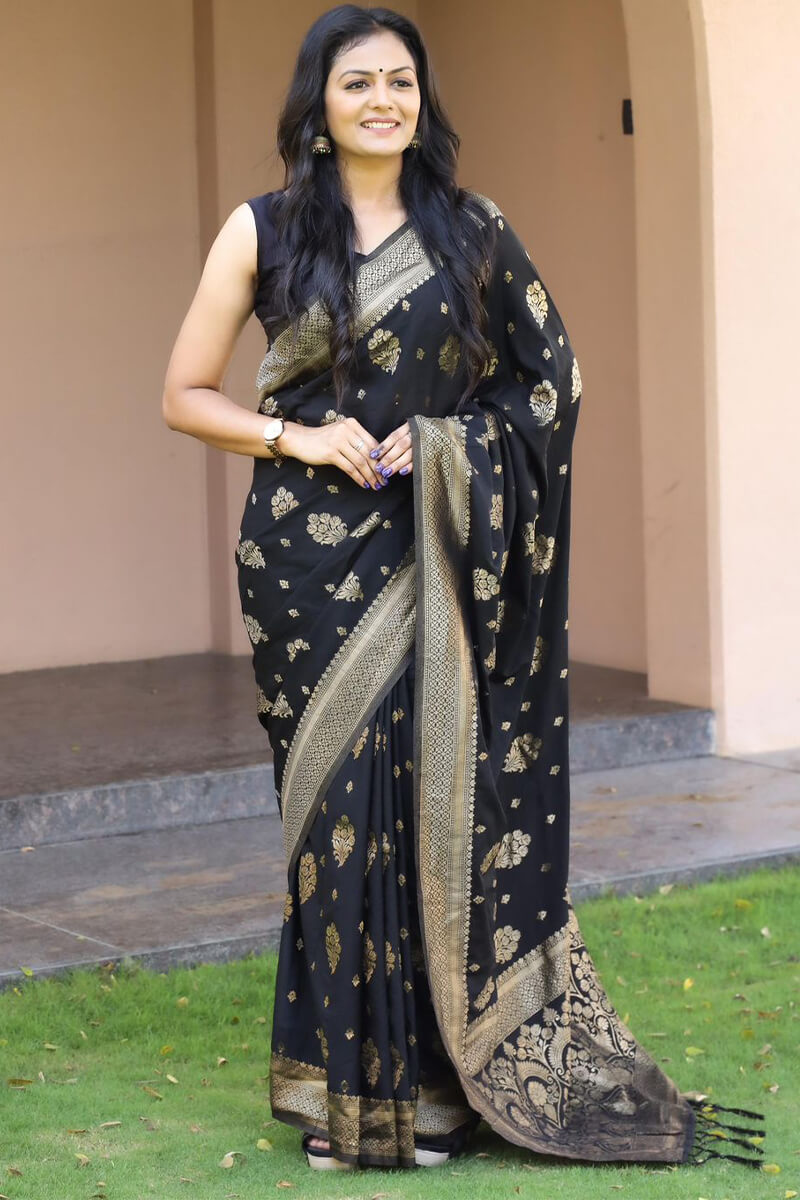 Trendy Black Soft Banarasi Silk Saree With Extraordinary Blouse Piece