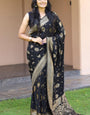 Trendy Black Soft Banarasi Silk Saree With Extraordinary Blouse Pieced