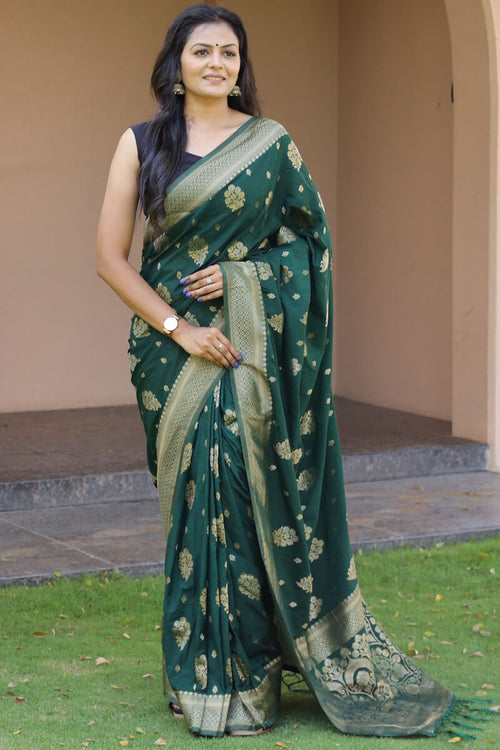 Load image into Gallery viewer, Precious Dark Green Soft Banarasi Silk Saree With Sophisticated Blouse Pieced
