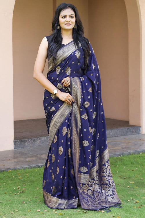 Load image into Gallery viewer, Denouement Navy Blue Soft Banarasi Silk Saree With Snappy Blouse Piece
