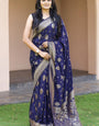 Denouement Navy Blue Soft Banarasi Silk Saree With Snappy Blouse Piece