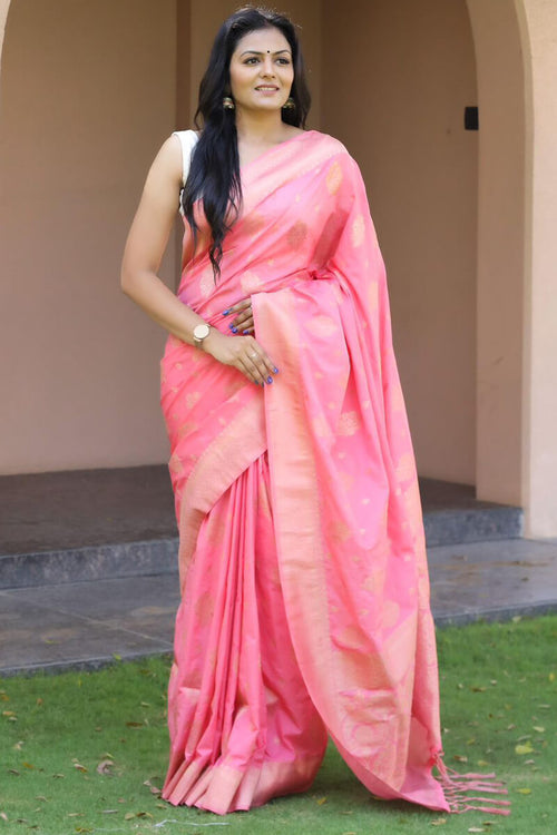 Load image into Gallery viewer, Supernal Pink Soft Silk Banarasi Saree With Alluring Blouse Pieced
