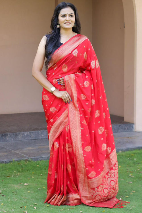 Load image into Gallery viewer, Embellished Red Soft Silk Banarasi Saree With Panache Blouse Pieced
