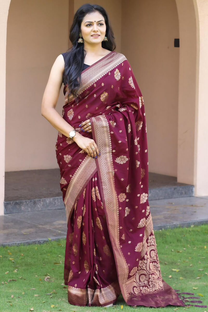 Splendiferous Wine Soft Banarasi Silk Saree With Sempiternal Blouse Piece