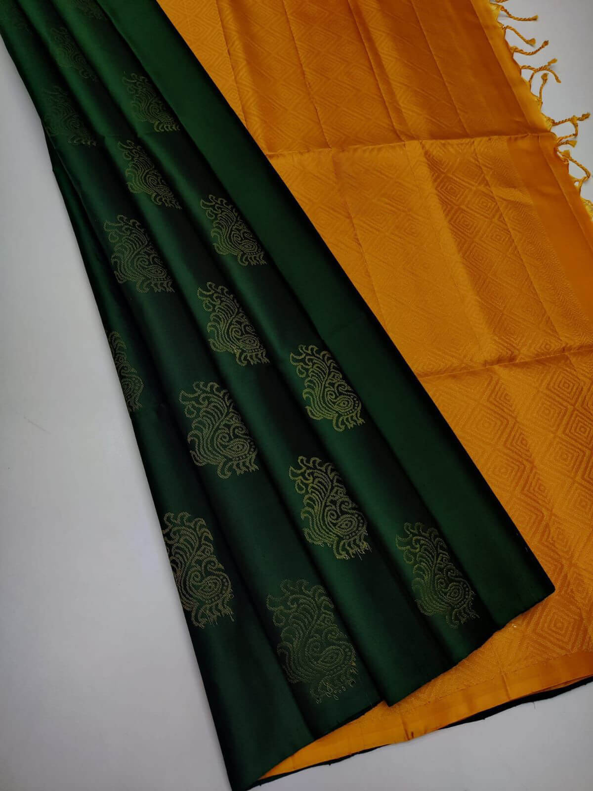 Fairytale Dark Green Soft Silk Saree With Gossamer Blouse Pieced