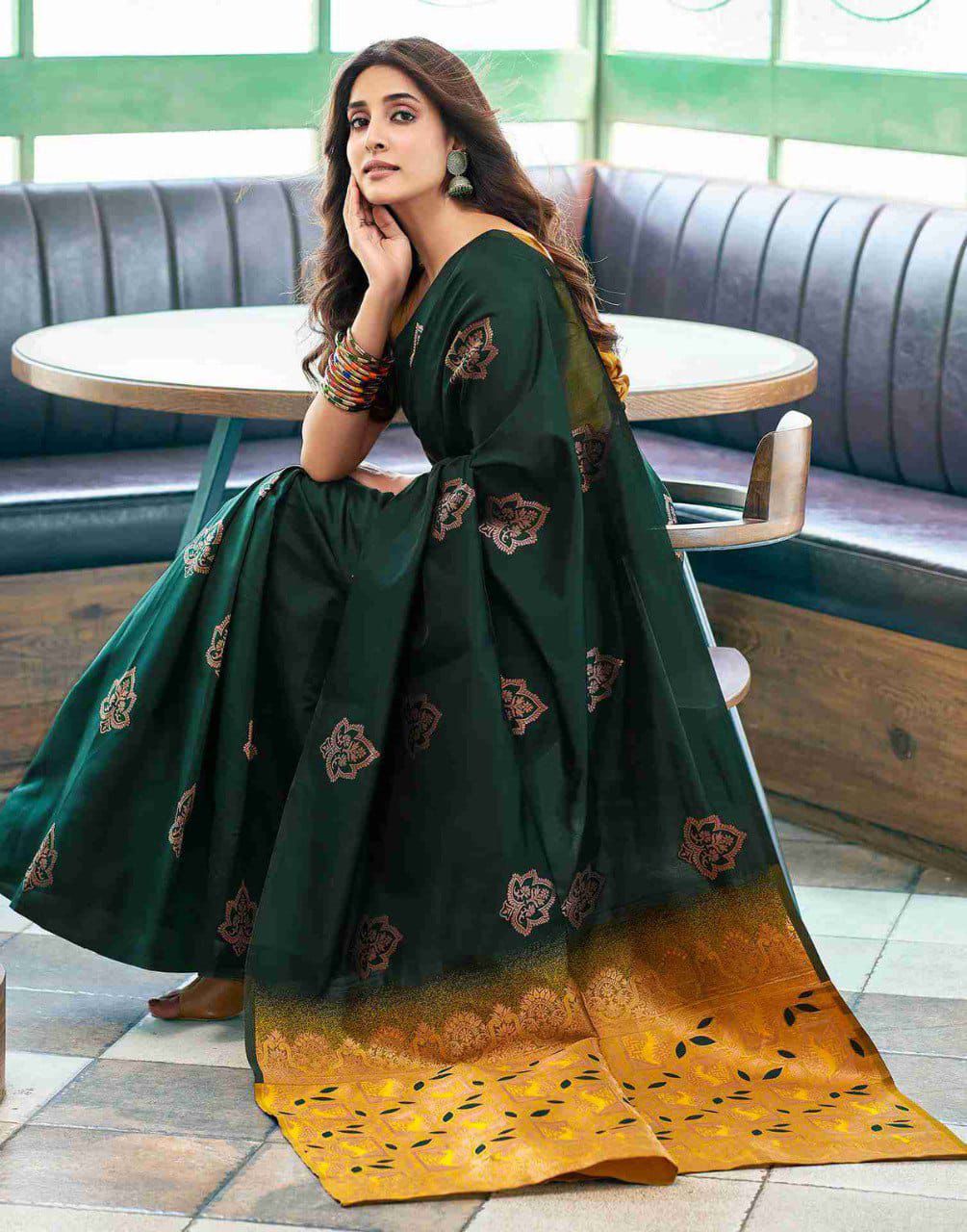 Deserving Dark Green Soft Silk Saree With Wonderful Blouse Piece