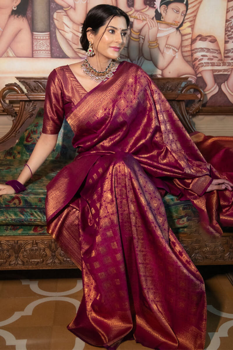 Flamboyant Wine Soft Silk Saree With Imaginative Blouse Piece