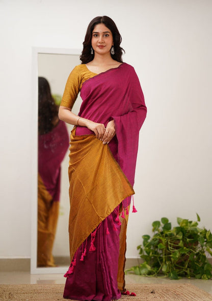 Bucolic Dark Pink Cotton Silk Saree With Ethnic Blouse Piece