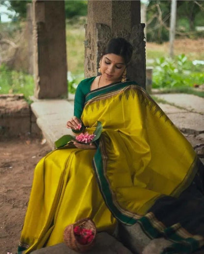 Devastating Yellow Soft Silk Saree With Demure Blouse Piece