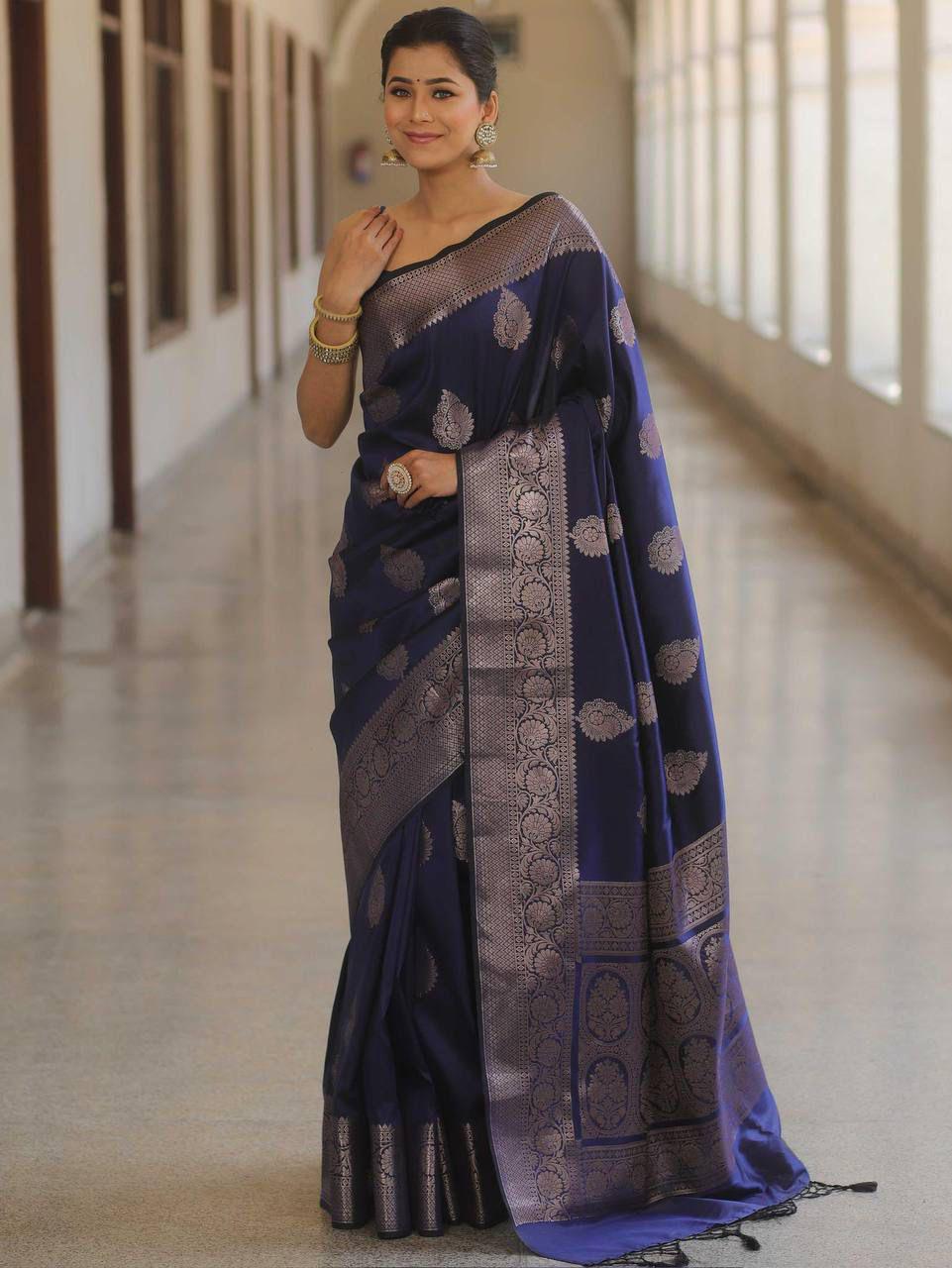 Zephyr Navy Blue Soft Silk Saree With Blooming Blouse Piece
