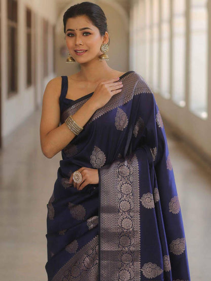Zephyr Navy Blue Soft Silk Saree With Blooming Blouse Piece