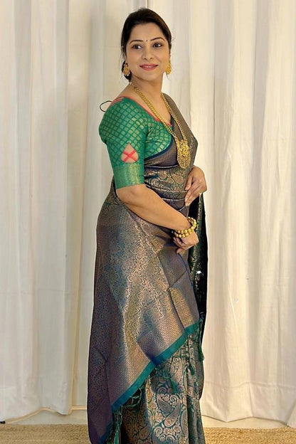 Scrumptious Dark Green Soft Silk Saree With Seraphic Blouse Piece
