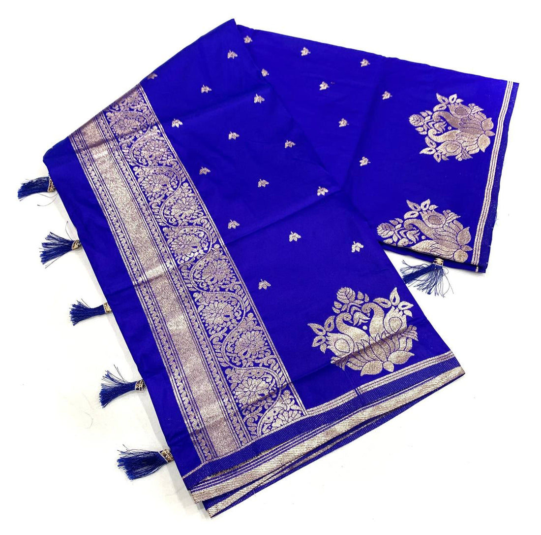 Sumptuous Royal Blue Soft Silk Saree With Blooming Blouse Piece