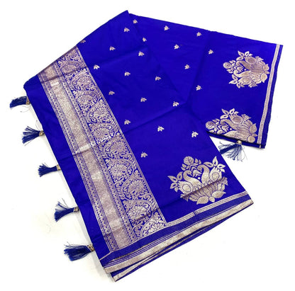 Sumptuous Royal Blue Soft Silk Saree With Blooming Blouse Piece