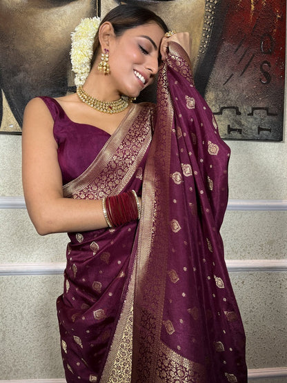 Murmurous Wine Soft Silk Saree With Seraglio Blouse Piece