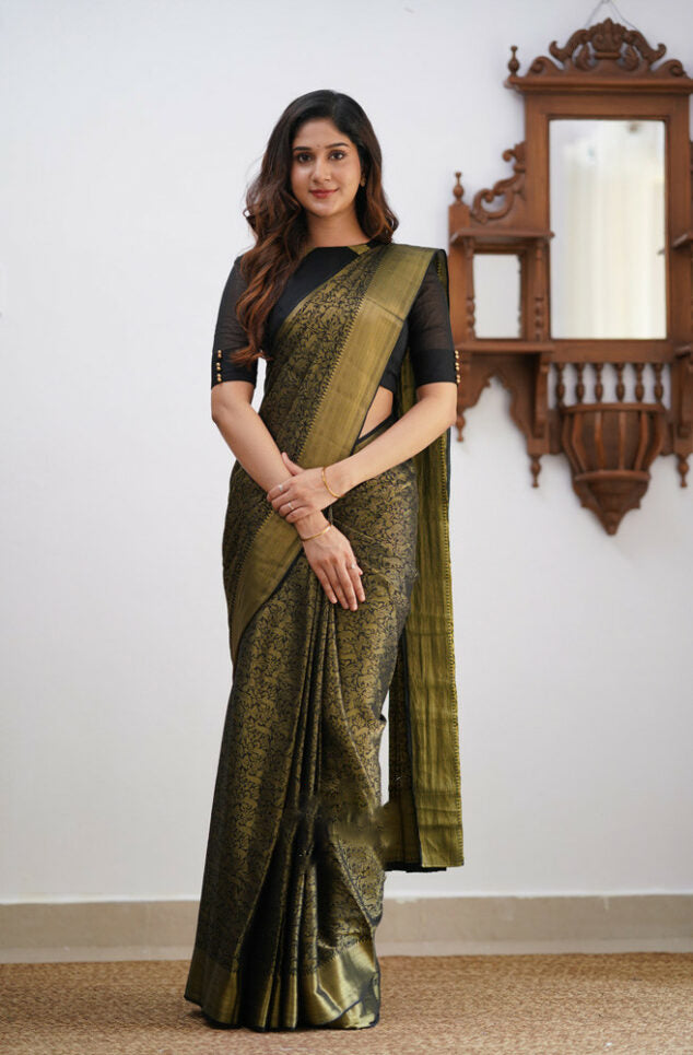 Magnetic Black Soft Silk Saree With Palimpsest Blouse Piece
