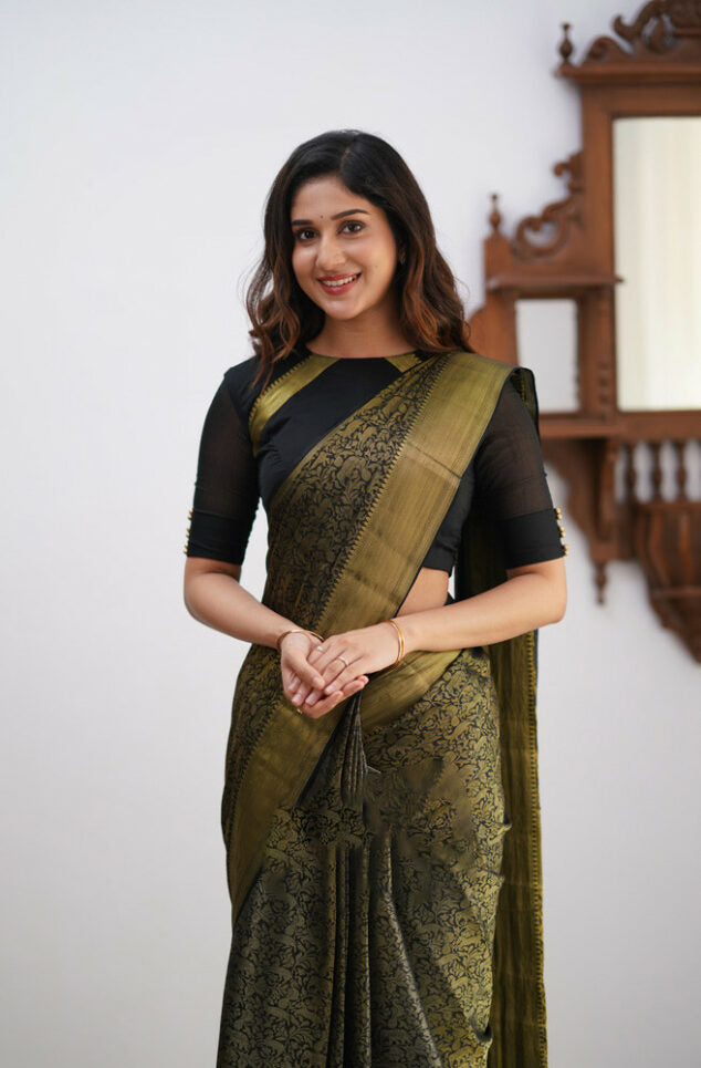 Magnetic Black Soft Silk Saree With Palimpsest Blouse Piece