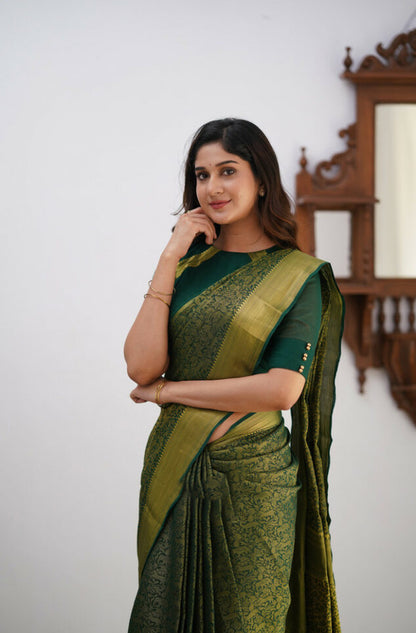 Gossamer Dark Green Soft Silk Saree With Diaphanous Blouse Piece