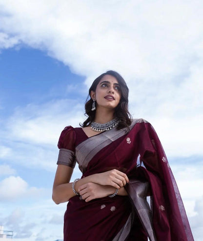 Staggering Wine Cotton Silk Saree With Ratatouille Blouse Piece