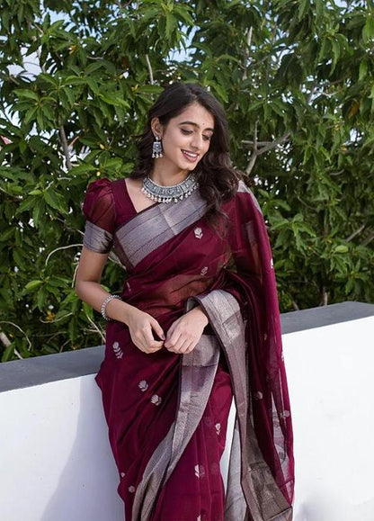 Staggering Wine Cotton Silk Saree With Ratatouille Blouse Piece