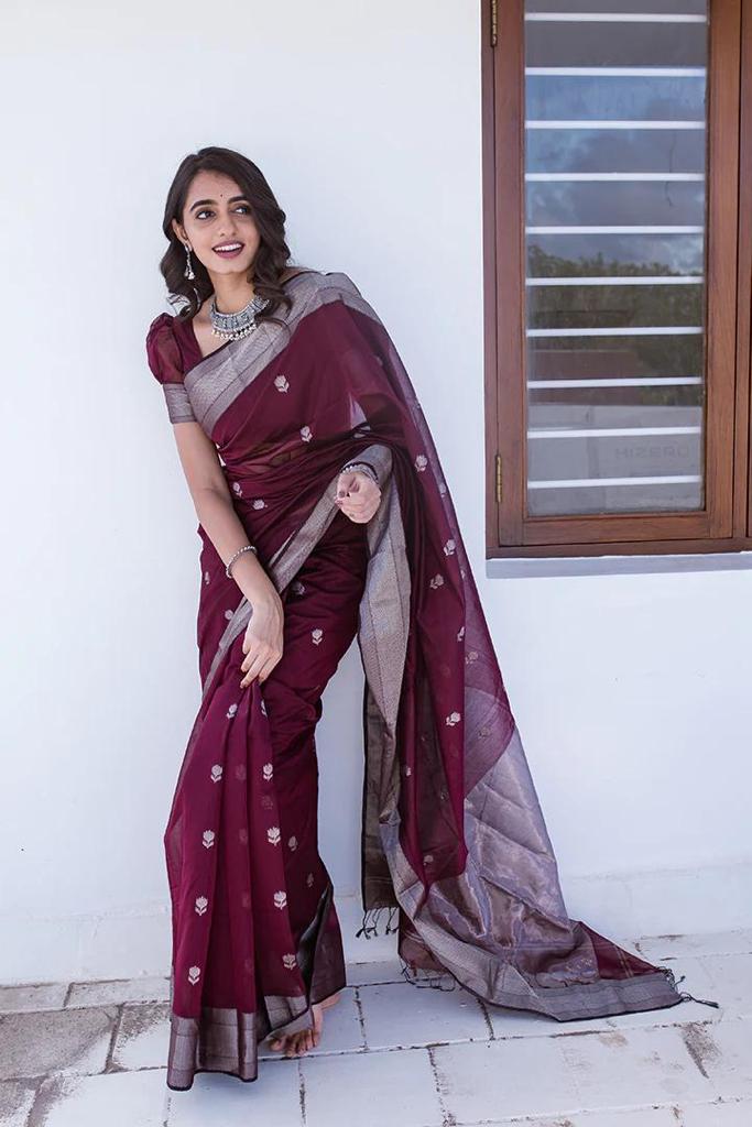 Staggering Wine Cotton Silk Saree With Ratatouille Blouse Piece