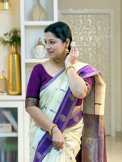 Blissful Off White Linen Silk Saree With Conflate Blouse Piece