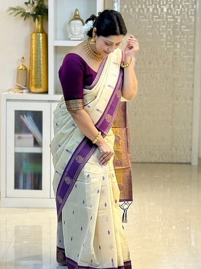Blissful Off White Linen Silk Saree With Conflate Blouse Piece