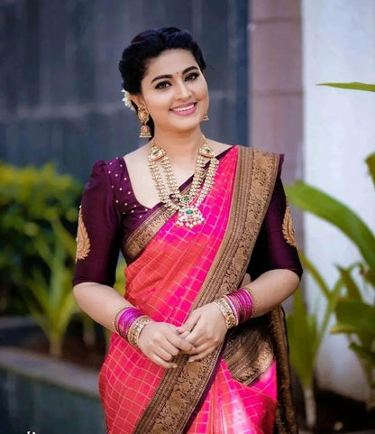Snappy Pink Soft Silk Saree With Artistic Blouse Piece