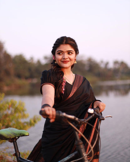 Skinny Black Soft Banarasi Silk Saree With Beauteous Blouse Piece