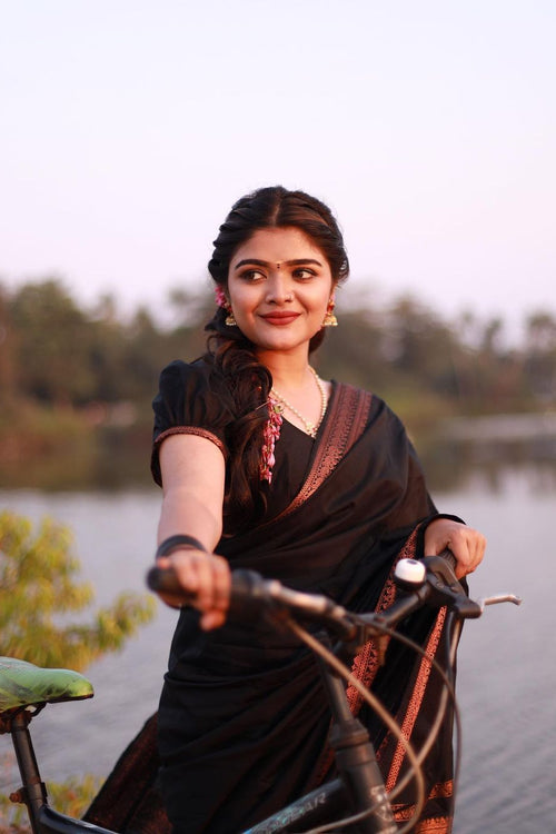 Load image into Gallery viewer, Skinny Black Soft Banarasi Silk Saree With Beauteous Blouse Piece
