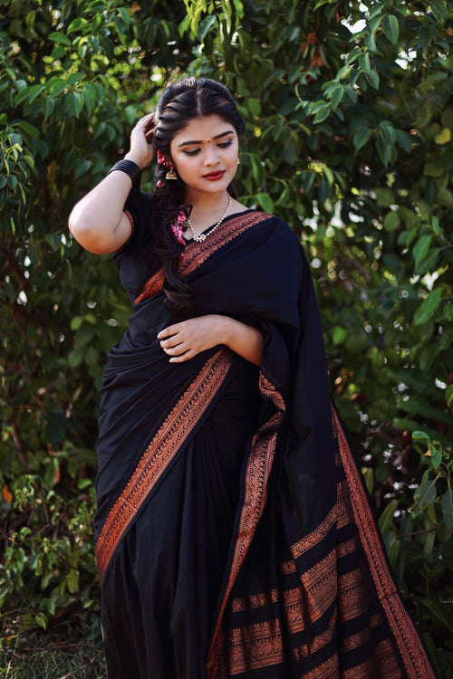 Load image into Gallery viewer, Skinny Black Soft Banarasi Silk Saree With Beauteous Blouse Piece

